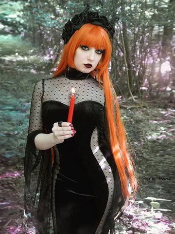 Sonicelife Women's Gothic Short 2024 Dark Design Flared Sleeve Polka Dot Mesh Patchwork Witch Sleeve Dress Women