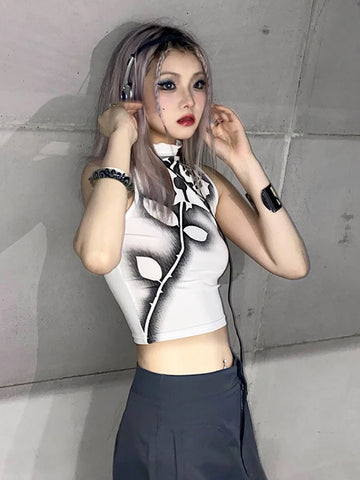 Sonicelife-Gothic Rose Print Tank Top Aesthetic Y2K Crop Top Sleeveless Vest Harajuku Streetwear Black Summer Tops Women Slim Clothes