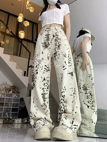 Sonicelife American Retro Leopard Print Jeans for Women Y2k E-Girl High Waist Straight Trousers 2024 Summer New Loose Wide Leg Pants