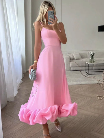 Sonicelife-2024 Women Spaghetti Strap A-line Ruffles Pink Evening Dresses Elegant Sweet Sleeveless Backless Zip-up Green Party Prom Dress