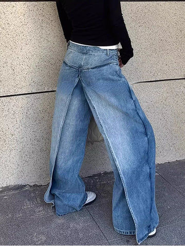 Sonicelife Oversize American Blue Jeans for Women 2024 Spring New Fake Two Piece Denim Pants Y2k E-Girl High Waist Loose Wide Leg