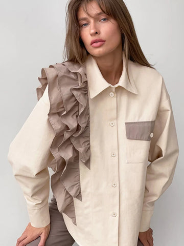 Sonicelife Aynaray 2024 Autumn Winter Women Elegant Ruffles Shirt Solid Khaki Casual Long Sleeve Blouse Female