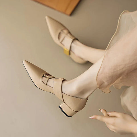 Sonicelife NEW Spring/Autumn Women Pumps Split Leather Shoes for Women Pointed Toe Chunky Heel Shoes Metal Buckle Mary Janes Handmade Shoes