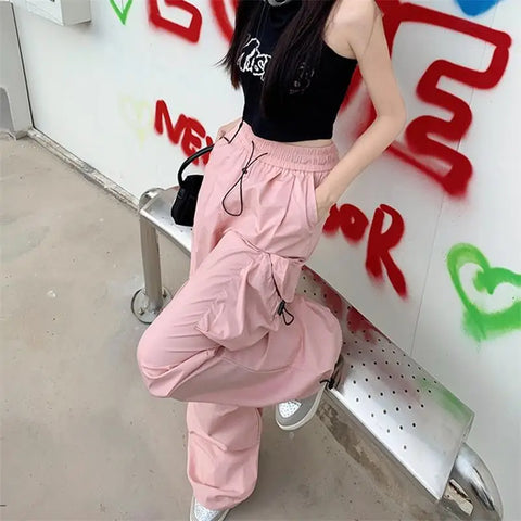 Sonicelife-Y2K Parachute Black Pants Women Hippie Streetwear Oversize Pockets Cargo Trousers Harajuku Wide Leg Baggy Sweatpants