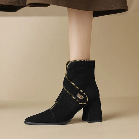 Sonicelife NEW Autumn Women Boots Cow Suede Leather Shoes for Women Pointed Toe Chunky Heel Shoes Zipper Short Boots Elegant Modern Boots