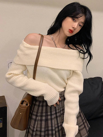 Sonicelife Chic Off Shoulder Knitting Sweater Women Elegant Slim Pullover for Female 2024 Spring Autumn Casual Warm Knitwear Jumper Tops