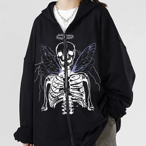 Sonicelife Y2K Aesthetic Zip Up Sweatshirts E-girl Gothic Grunge Emo Skeletons Wings Print Oversized Hoodies Autumn Long Sleeve Coat Top