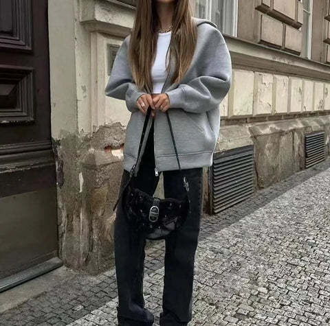 Sonicelife 2024 Spring and Autumn New Casual Street Loose Oversize Hooded Zipper Hoodie Space Cotton Jacket Coat Lazy Women's Cardigan