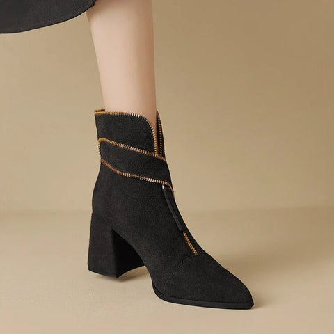 Sonicelife NEW Autumn Women Boots Cow Suede Leather Shoes for Women Pointed Toe Chunky Heel Shoes Zipper Short Boots Elegant Modern Boots