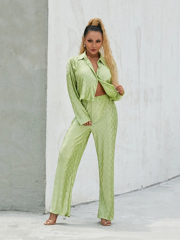 Sonicelife Green Two-Piece Shirt Pants Sets Spring Fall Women Pleated Outfit Long Sleeve Button-down Shirt+Loose High Waist Pants