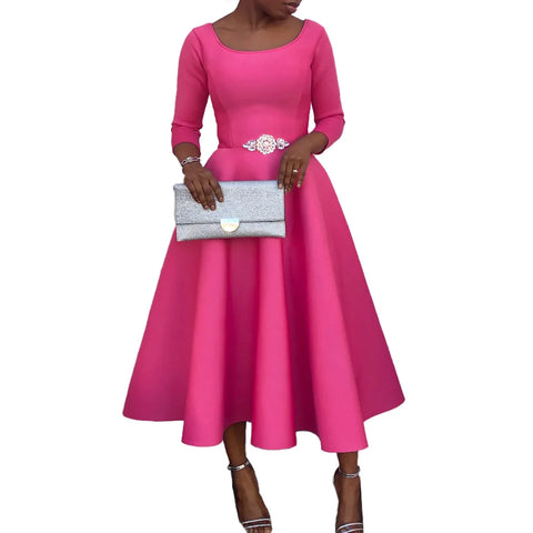Sonicelife Party Dress Women Temperament Evening Dresses Solid Color A Line Round Collar Tight Waist Gown 2024 Autumn Elegant Vestidos