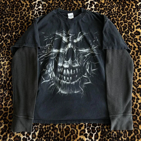 Sonicelife Y2K Aesthetic Gothic Skull Print Tops Halloween Punk Style Cbyer Grunge T-shirt Emo 00s Vintage Long Sleeve Pullovers Tee