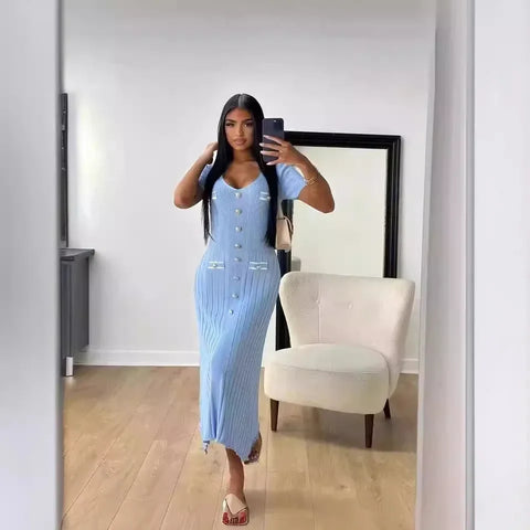 Sonicelife Summer Long Dress Women Sexy Dresses Buttons V Neck Solid Colour Ankle Length Vestidos Slim Fit Temperament A Line 2024 Casual