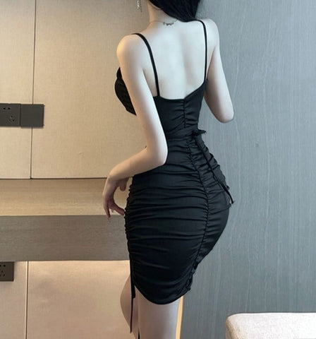 Sonicelife  Ladies  Nghtclub Spaghetti Strap Hollow Out Low Cut Backless Bodycon Slim Hip Black Evening Party Bandage Dress Women 0508