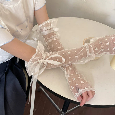 Sonicelife Lolita Cute Bow Y2K Floral Hollow Out Long Sunscreen Gloves Japanese Style Kawaii Lace Sheer Gloves UV Protection Arm Sleeves