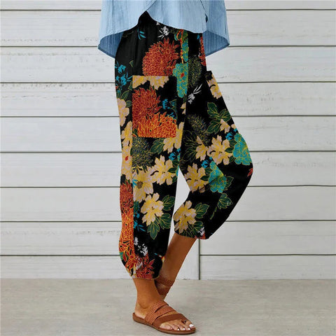 Sonicelife 2024 spring and summer new fashion printed casual pants thin strappy loose nine-point lantern pants