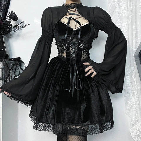 Sonicelife Women's Gothic Tops Trendy Party Slim Flare Design Cardigan Women Dark Gothic Bow Embellished Lace Blouse Jacket