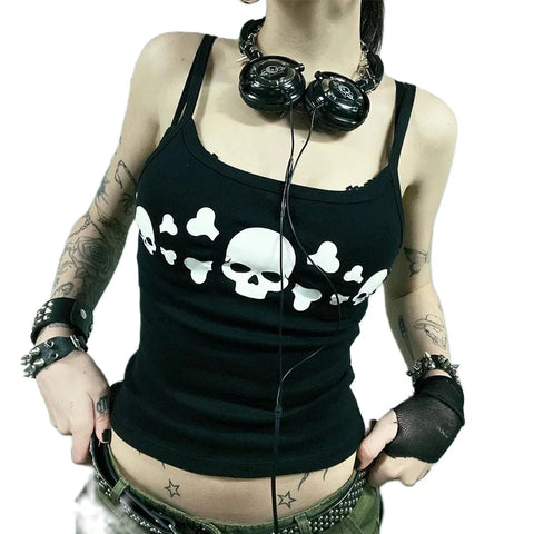 Sonicelife Y2K Cyber Edgy Techno Tank Vest E girl Gothic Skull Print Black Camisole Vintage Dark Academia Grunge Sleeveless Crop Tops Women