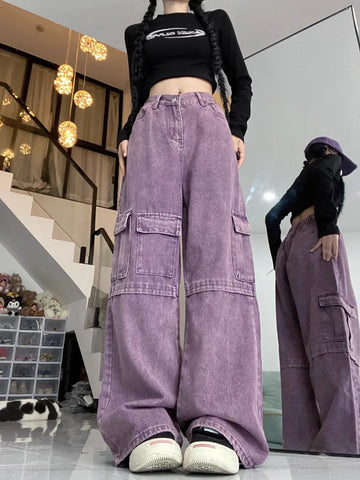 Sonicelife Oversize American High Waisted Cargo Pants for Women Y2k Loose Wide Leg  2024 Autumn New Multiple Pockets Trousers