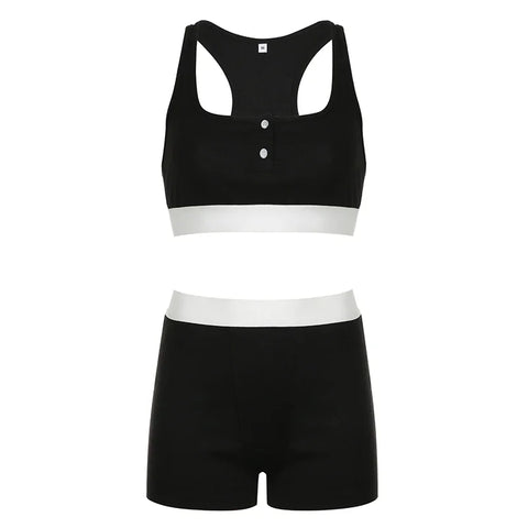 Sonicelife-Women Two Piece Loungewear Contrast Seamless Bra Set Homewear Button Up Cropped Top and Tight Shorts Fitness Sporty