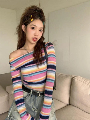 Black Friday Sonicelife Long Sleeve Striped Sweater Off Shoulder Jumpers for Women 2024 Kawaii Pullover Y2k Korean Style Sweet Girls Top Fashion