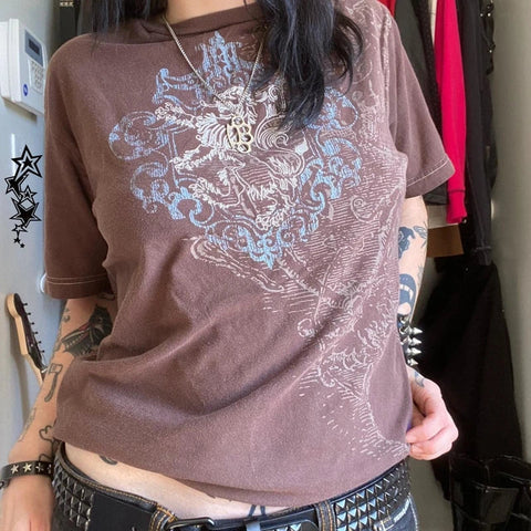 Sonicelife Mall Goth Cyber Grunge 00s Retro Tee Emo Vintage Brown Y2K Graphic Print T-shirt Women Men Short Sleeve O Neck Tops Clothes