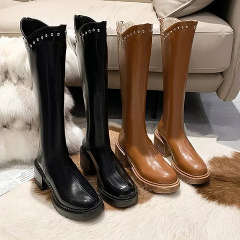 Sonicelife Woman High Boots Fashion Women Knee-High Boots High Heel Autumn Winter Soft Leather Long Boots Retro Rivet Platform Shoes 2024