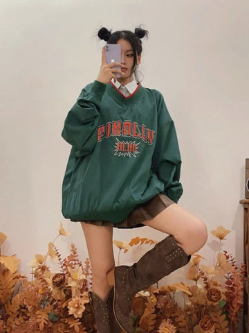 Back To School Sonicelife American Retro Embroidery Baseball Hoodies Women Preppy Style Sports Long Sleeve Sweatshirts Y2k Casual Kpop Loose Tops