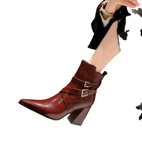 Sonicelife French Pointed Toe Thick Heels Sexy Belt Buckle Short Boot Retro Chunky High Heels Platform Casual Ankle Boots Pumps 2024