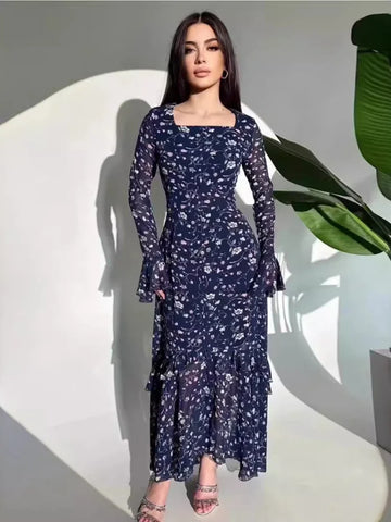 Sonicelife Eid Chiffon Party Dress Women Muslim Floral Print Jalabiya Ramadan Morocco Dresses Dubai Abaya Kaftan Vestidos Arab Long Robe
