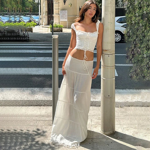 Sonicelife-2 Piece Sets Lace Patchwork Beach Holiday Matching Set Outfits Sexy Summer Women Square Neck Crop Top and Long Skirt