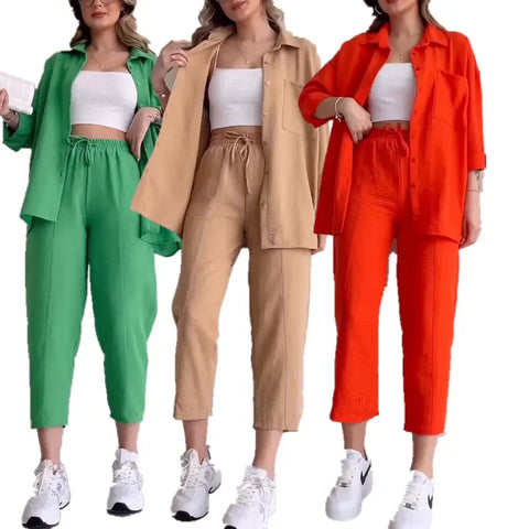 Sonicelife Pant Sets Women Solid Two Pieces Set Long Sleeve Cropped Button Shirt Loose Wide Leg Trouser Work Sporty Suits Y2k Streetwear