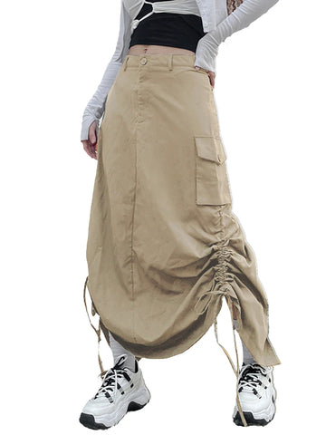 Sonicelife Retro Women Long Cargo Pocket Baggy Skirts Side Drawstring Low Rise Solid Pockets Hip Hop Straight Skirts Y2k Streetwear