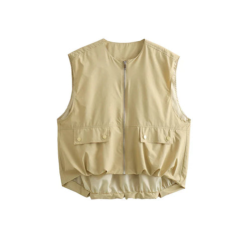 Sonicelife Women's Cropped Waistcoat Fashion O Neck  Zipper Vest Women Sleeveless Loose Vests Coats Female Chic Tops