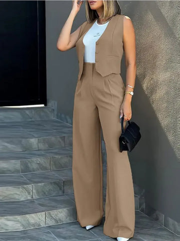 Sonicelife Stylish Women Commuting Vest Tops High Waist Wide Leg Pants 2024 Spring Autumn V Neck Sleeveless Button Regular Work Pants Set