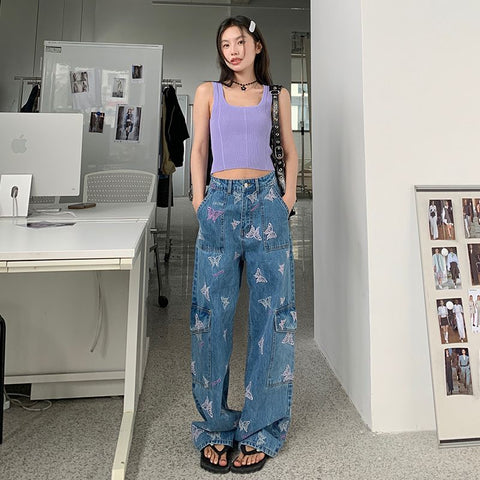 Sonicelife Butterfly Embroidery Cargo Pants Women Clothing Street Vintage Hip Hop High Waisted Jeans Woman Casual Baggy Jeans Women Pants
