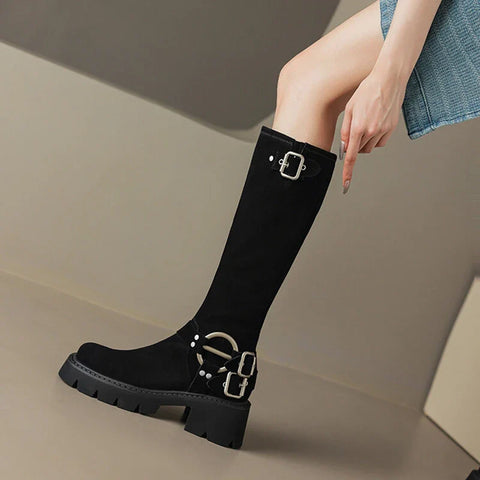 Sonicelife Autumn Women Boots Cow Suede Leather Shoes for Women Round Toe Thick Heel Platform Boots Retro Long Boots Women Knee High Boots