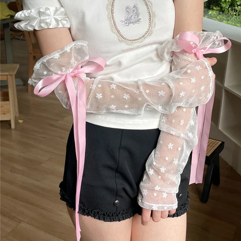 Sonicelife Lolita Cute Bow Y2K Floral Hollow Out Long Sunscreen Gloves Japanese Style Kawaii Lace Sheer Gloves UV Protection Arm Sleeves