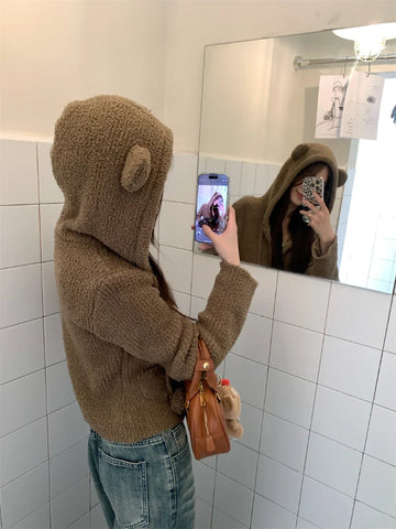 Black Friday Sonicelife Kawaii Brown Bear Ears Hooded Sweatshirt Fleece Zip Up Cropped Hoodies Cutecore Korean Style Autumn Winter Clothes Women