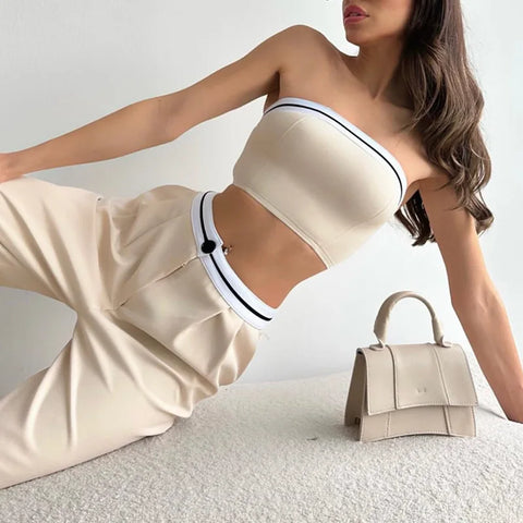 Sonicelife Sleeveless Crop Top and High Waist Wide Leg Trousers Casual Set