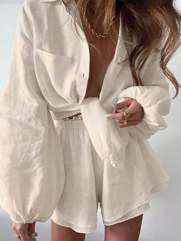 Sonicelife hoco dresses-2024 Women Spring Summer Bohemian Shorts Sets Outfits Solid White Loose Fit Blouse Suit 2 Two Piece Set For Women