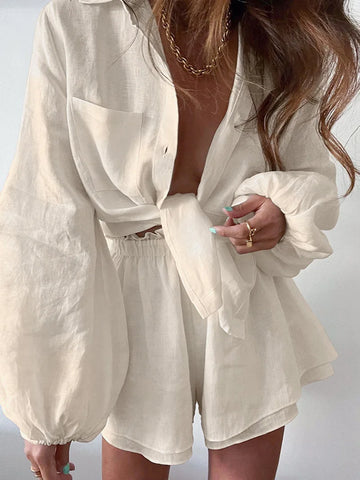 Sonicelife 2024 Women Spring Summer Bohemian Shorts Sets Outfits Solid White Loose Fit Blouse Suit 2 Two Piece Set For Women