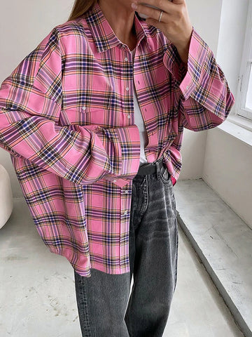 Sonicelife 2024 Autumn Winter Women Vintage Oversized Thick Long Plaid Shirt Long Sleeve Ladies Loose Fit Blouse Woman