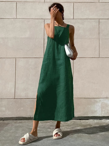 Sonicelife hoco dresses 2024 Summer Autumn Women Casual Solid Green Side Slit Spaghetti A-line Midi Dress For Women