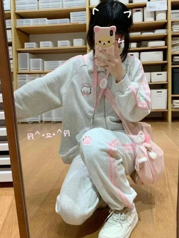 Sonicelife Harajuku Kawaii Pink Stripes Sweatpants Women Japanese Style Sweet Cute Cat Embroidery Trousers Soft Gril Y2k 2024 Chic