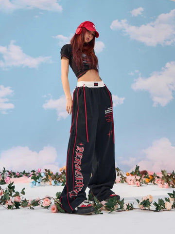 Sonicelife Women Wide Leg High Waist Pants Hip Hop Baggy Goth Hippie Side Stripe Casual Sweatpants Y2K Kpop Jogging Sports Trousers