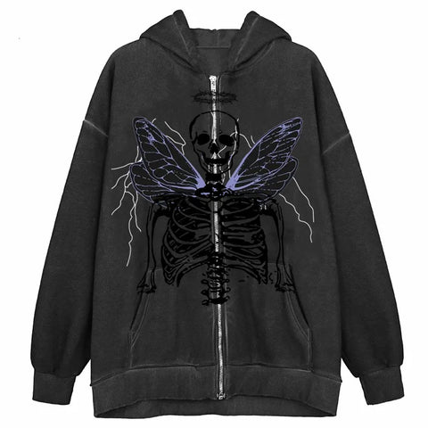 Sonicelife Y2K Aesthetic Zip Up Sweatshirts E-girl Gothic Grunge Emo Skeletons Wings Print Oversized Hoodies Autumn Long Sleeve Coat Top