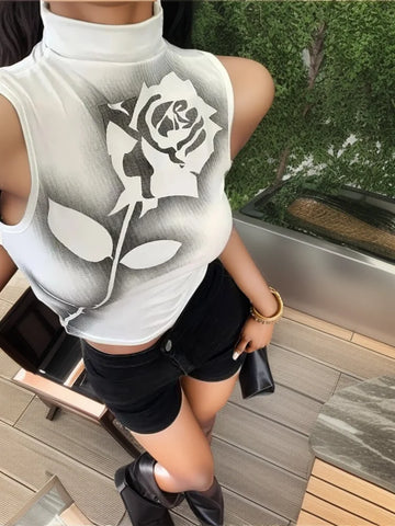 Sonicelife-Gothic Rose Print Tank Top Aesthetic Y2K Crop Top Sleeveless Vest Harajuku Streetwear Black Summer Tops Women Slim Clothes