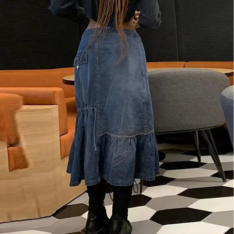 Sonicelife Women Skirts Denim Solid Color Vestidos Draw String Slim Party Dress Flounced Edge Sexy Wrap Buttocks High Street Patchwork