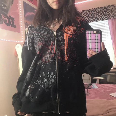 Back To School Sonicelife Y2K Aesthetics Mall Goth Zip Up Hoodies Dark Academia Graphic Print Oversized Sweatshirt Gothic Grunge Retro Coat Jackets